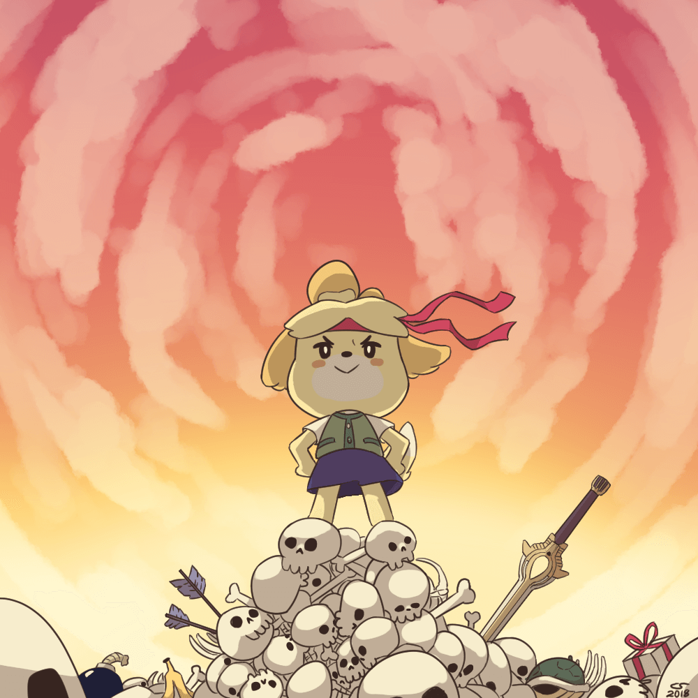 Illustration of Isabelle from Animal Crossing, standing triumphantly atop a pile of skulls and objects from various nintendo games.